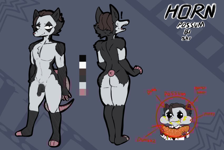 american_opossum anthro ass black_body black_fur bodily_fluids brown_hair burger eating english_text exclamation_point food fur genitals hair hi_res horn_(omegamax) male mammal marsupial meme model_sheet multicolored_body omegamax penis simple_background solo surprise sweat sweatdrop tail text two_tone_body white_body white_fur