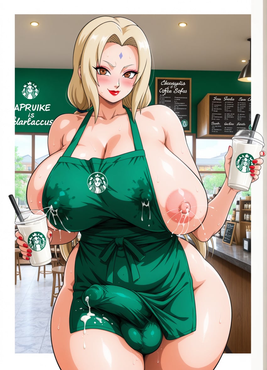ai_generated apron areolae ball_bulge balls bare_shoulders big_balls big_breasts big_thighs blonde_hair blush breasts brown_eyes bulge cleavage coffee_shop cum_stain cup curvaceous_female curvy erection erection_under_clothes female forehead_mark futanari hip_dips holding_cup holding_marker huge_breasts iced_latte_with_breast_milk iced_latte_with_dick_milk intersex lactation leaking_milk looking_at_viewer makeup mature_female meme milf milk_stain mostly_nude naked_apron naruto naruto_(classic) naruto_(series) naruto_shippuden nipple_bulge polish precum red_lipstick red_nail sauce_95 scenery shounen_jump skindentation smile solo starbucks sweat thick_thighs tsunade twintails voluptuous wide_hips