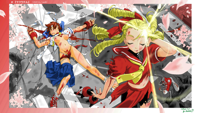 2girls beaten blonde_hair blood breasts bruise capcom cherry_blossoms cherry_petals closed_eyes defeated female female_only fight fingerless_gloves footwear gloves gloves_off handwear headband headwear highres human injury karin_kanzuki lens_flare long_hair lying midriff mokeke!! multiple_girls navel nipples on_back pale_skin petals pleated_skirt ringlets sakura_kasugano school_uniform serafuku shoes short_hair skirt sneakers street street_fighter street_fighter_alpha street_fighter_alpha_3 torn_clothes violence