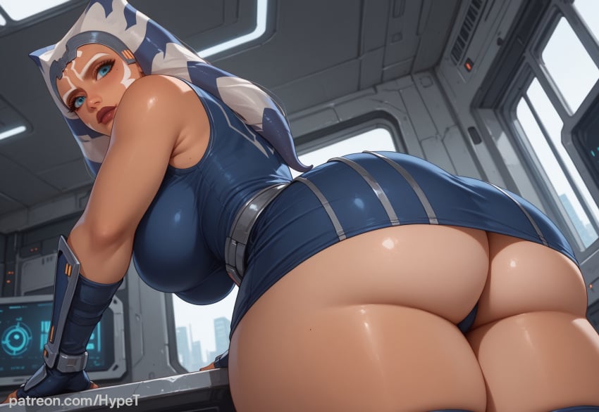 ahsoka_tano ai_generated alien alien_girl alternate_version_at_source big_lips blue_eyes breasts fat_ass female hypet indoors lips low-angle_view medium_breasts orange_skin shiny shiny_skin star_wars star_wars:_the_clone_wars tagme thick thick_legs thick_thighs thighs togruta