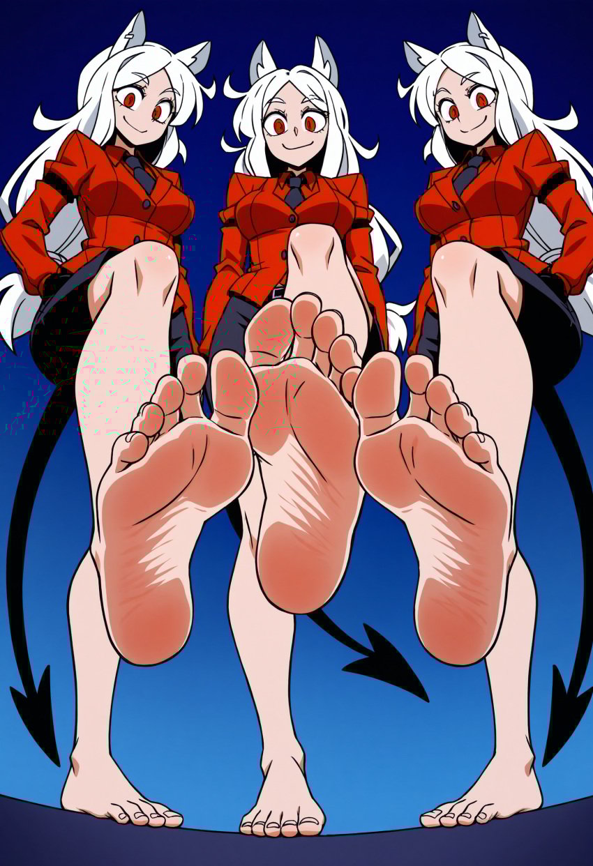 3girls ai_generated cerberus_(helltaker) clothed demon demon_girl dog_ears dominant_female feet female female_only foot_fetish helltaker long_hair red_eyes soles stepped_on toes white_hair