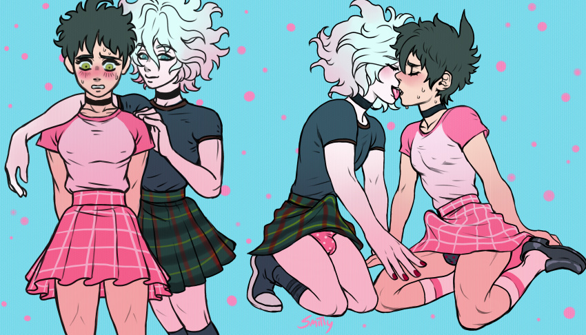 2boys black_hair black_hair_bottom blush bulge crossdressing danganronpa danganronpa_2:_goodbye_despair domination embarrassed femboy gay hinata_hajime kissing light_hair_on_dark_hair male male/male male_only nagito_komaeda nipple_bulge ren_valentine skirt straight_hair tongue tongue_out white_hair white_hair_on_black_hair white_hair_top yaoi