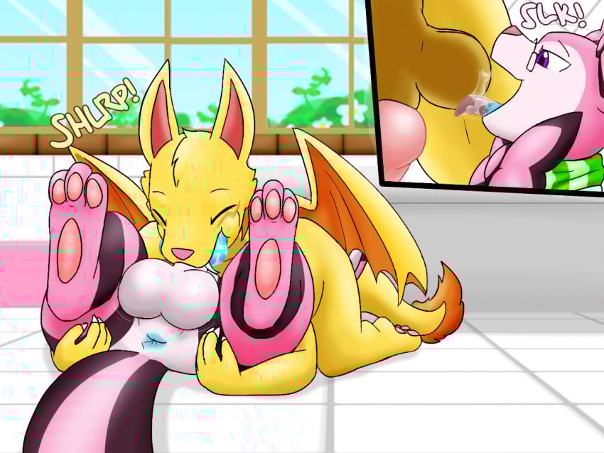 69_position anthro anus ass ball_lick balls black_body black_fur blue_penis bow_(anatomy) butt_grab canid canine canis claws closed_eyes clothing dragon duo eeveelution eyebrows eyewear fangs finger_claws floor fur generation_6_pokemon genitals glasses green_scarf hand_on_butt head_tuft hybrid licking livinlovindude lying lying_on_another male male/male mammal membrane_(anatomy) membranous_wings mythological_creature mythological_scalie mythology nintendo on_back open_mouth oral pattern_clothing pattern_scarf pawpads penis pink_body pink_fur pink_pawpads pokemon pokemon_(species) purple_eyes raised_eyebrows saliva_on_balls scalie scarf sex side_the_sylveon sky sound_effects spread_anus spread_butt spreading striped_clothing striped_scarf stripes sunnybun_(justsunny) sylveon tail tail_tuft teeth tile tile_floor tongue tongue_out tuft wearing_glasses window wings wolf yellow_body yellow_fur