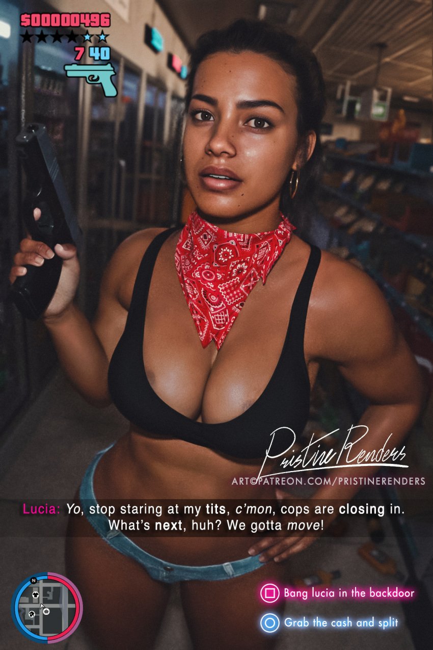 1girls 3d 3d_(artwork) 3d_render areola_slip areolae belly big_breasts breasts brown_eyes cleavage dark-skinned_female dark_skin female female_focus female_only grand_theft_auto grand_theft_auto_vi latina lucia_(gta) mole navel picture pristinerenders solo stomach text tummy