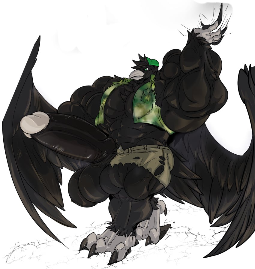 2022 absurd_res alpha_channel anthro avian balls big_balls big_muscles big_penis bird black_balls black_body black_penis black_wings body_hair bottomwear brown_bottomwear brown_clothing brown_pants chest_hair clothing corvid corvus_(genus) crow erection fierglief floor_cracks genitals hat headgear headwear hi_res huge_balls huge_cock huge_muscles humanoid_genitalia humanoid_penis hyper hyper_balls hyper_genitalia hyper_muscles hyper_penis jacket male muscular oscine pants passerine penis plantigrade raised_arm simple_background solo topwear torn_clothing transparent_background vein veiny_penis wings