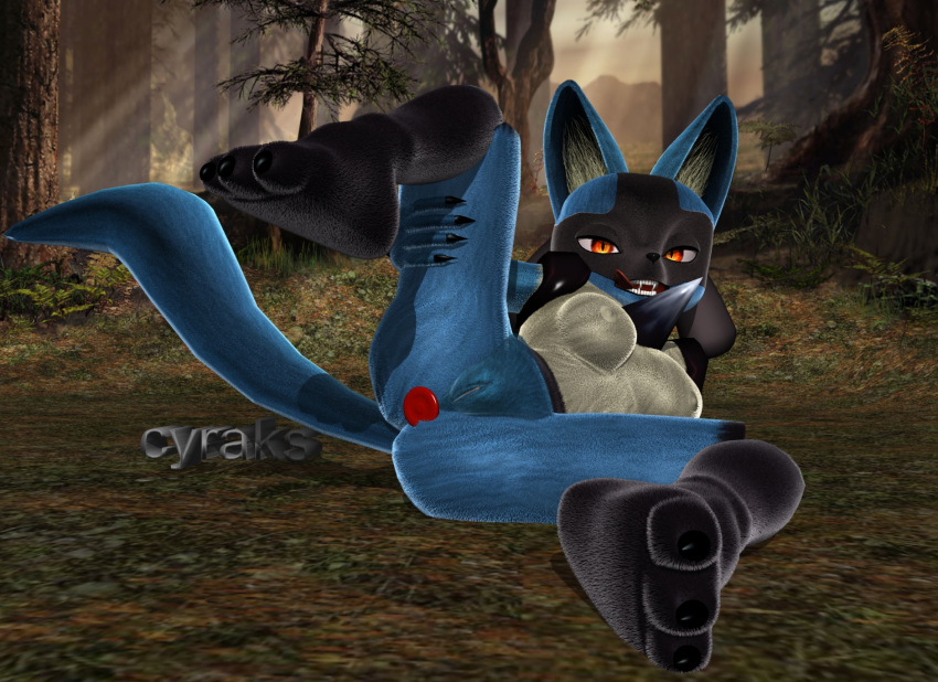 . 3d anthro blue_fur breasts color cyraks day female female_only fur furry lucario lying nipples nude outdoors pokemon pokemon_(species) pussy solo tagme