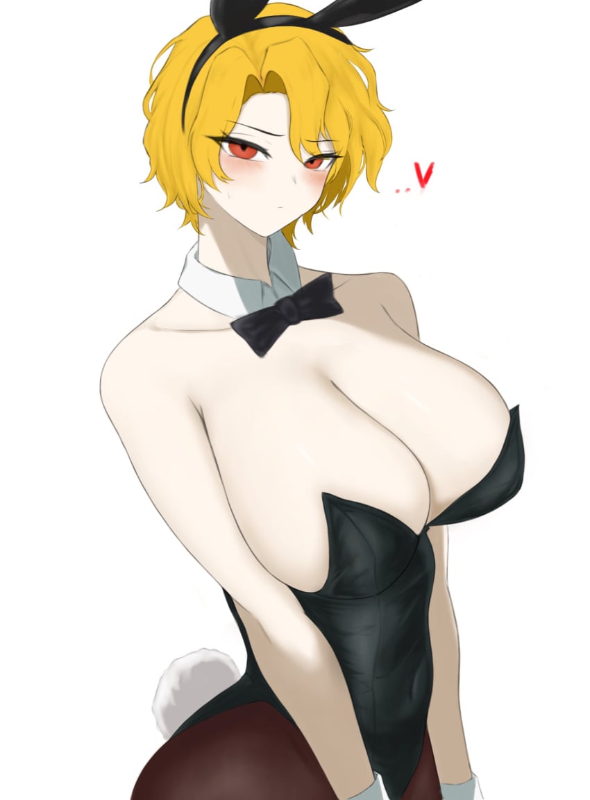 breasts breasts breasts bunny_ears bunnysuit cleavage heart limbus_company pale_skin pantyhose pmlbtmlorlc project_moon red_eyes sancho_(limbus_company) tights yellow_hair