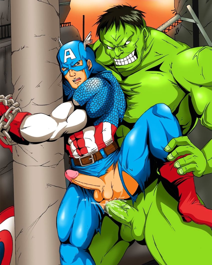 2boys abs anal_penetration anal_sex avengers belt biceps black_hair blue_eyes bondage boots bound_wrists captain_america captain_america's_shield captain_america_(series) chained_to_pillar clenched_teeth cum cum_in_ass cum_inside doggy_style erect_while_penetrated erection gay green-skinned_male green_skin head_wings huge_cock hulk hulk_(series) leg_grab legs_held_open light-skinned_male light_skin male male_only male_penetrated maledom malesub marvel mask multiple_boys multiple_males multiple_penises muscular naughty_face nude palcomix pecs penis rear_deliveries sex spread_legs steve_rogers tagme testicles torn_clothes torn_pants uncensored veiny_penis yaoi