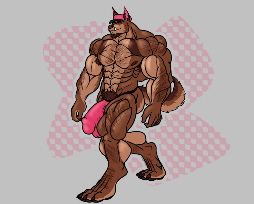 2024 4_toes 5_fingers abs anthro armpit_hair balls beard big_balls big_bulge big_muscles big_penis body_hair brown_body brown_nipples bulge canid canine canis clothing digitigrade domestic_dog edrax erection facial_hair fangs feet fingers genitals hat headgear headwear hi_res huge_balls huge_bulge huge_cock huge_muscles male mammal muscular muscular_male nipples pecs penis penis_outline pubes smile solo teeth toes underwear walking