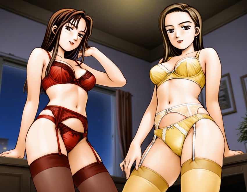 2girls ai_generated female from_below garter_belt indoors initial_d night red_bra red_panties satou_mako sayuki sayuki_(initial_d) seductive_smile thighhighs yellow_bra yellow_panties