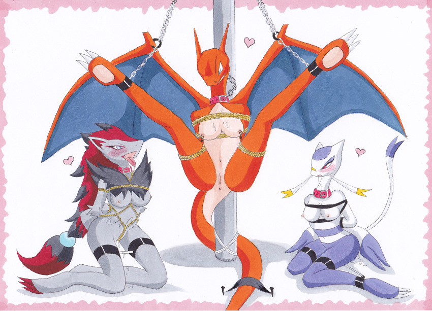 3girls bondage bound breasts charizard digidredg female mienshao multiple_girls nintendo pokemon pokemon_(species) pussy pussy_juice spread_legs zoroark