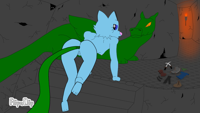 anal animated anthro blue_body blue_eyes blue_fur boots breathing canid canine canis casual_loser clothing cracked_wall digital_media_(artwork) dragon dragon_tail dungeon duo female feral flipaclip_(artwork) footwear fur fur_tuft gear green_body green_scales male male/female mammal melee_weapon mythological_creature mythological_scalie mythology nude orange_eyes pink_nose sack scales scalie shoes star_eyes steps sword torch tuft weapon wings wolf