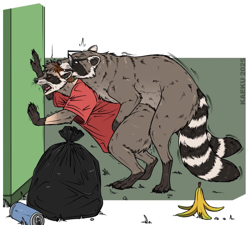 banana_peel beverage_can bite black_nose bodily_fluids brown_hair clothing cum cum_inside dumpster duo ear_bite eyewear facial_markings female female_penetrated feral feral_on_feral feral_penetrated feral_penetrating feral_penetrating_feral fluffy fluffy_tail fur fur_growth gender_transformation genital_fluids glasses growth hair head_markings hi_res human_to_feral kaeku male male/female male_penetrating male_penetrating_female mammal markings mask_(marking) mtf_transformation open_mouth outside penetration procyonid raccoon sex sharp_teeth shirt species_transformation striped_markings striped_tail stripes t-shirt tail tail_markings teeth topwear transformation trash_bag whiskers