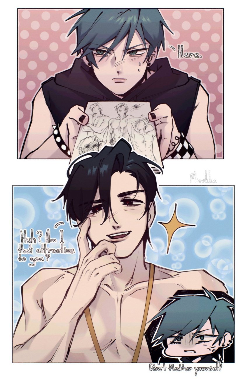 2boys alien_stage beach beach_background beach_towel beach_umbrella black_eyes black_hair body color colored comic drawing drawing_(object) drawing_in_a_drawing gay gay_male green_eyes grey_hair ivan_(alien_stage) light-skinned_male light_skin male shirtless_male swimsuit till_(alien_stage)