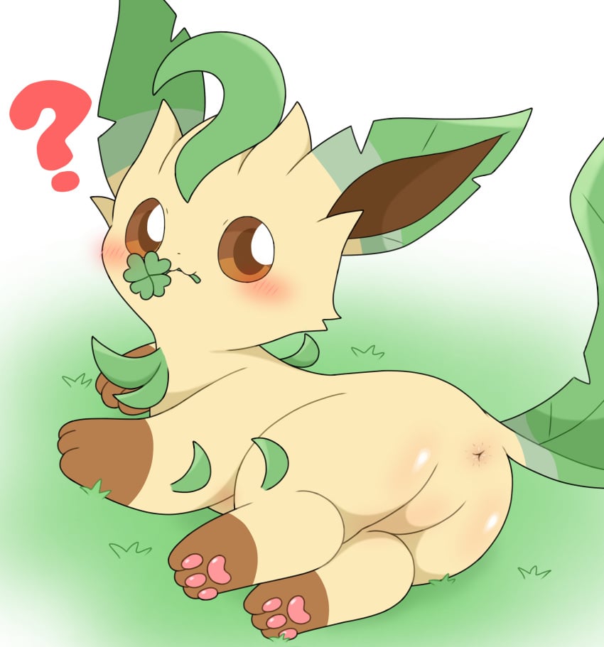 absurd_res anus ass clover_(plant) clover_leaf eeveelution feral generation_4_pokemon hi_res leaf leafeon leafeon0927 lying male nintendo on_side outdoor_nudity outside plant pokemon pokemon_(species) pokemon_only solo yellow_body