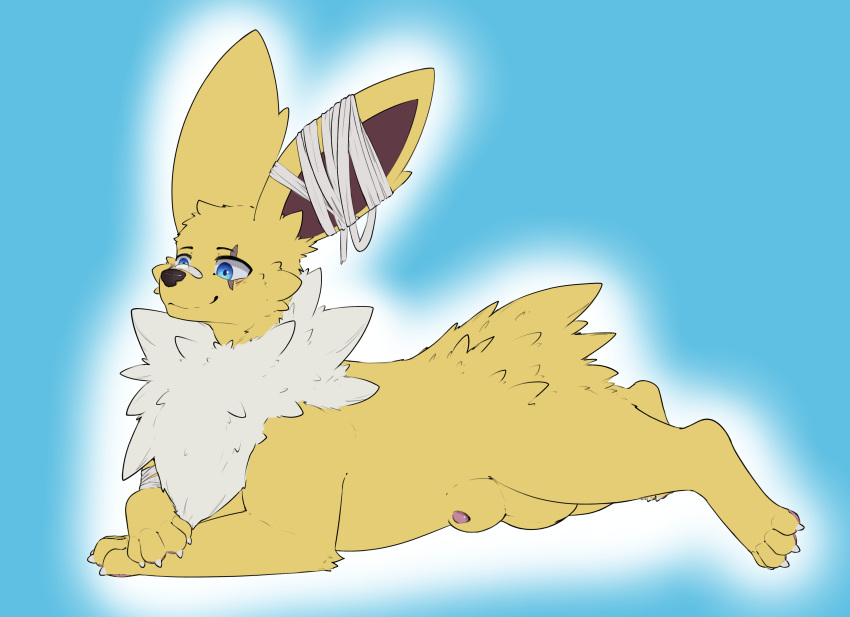 absurd_res animal_genitalia balls bandage bandage_on_face bandaged_arm bandaged_ear big_balls blue_eyes eeveelution facial_scar feral generation_1_pokemon genitals hi_res jolteon lying male male_feral nintendo on_side onex_volts penis penis_tip pokemon pokemon_(species) scar sheath smile solo thick_sheath vekrott