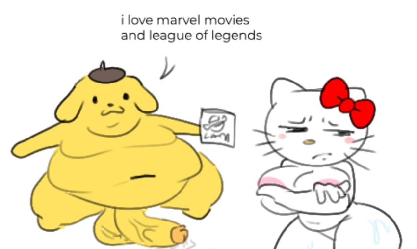 1boy 1girls areolae breasts completely_nude completely_nude_female crossed_arms disappointed disappointed_look female hello_kitty_(character) hello_kitty_(series) male naked naked_female nude nude_female penis pompompurin sanrio savagensfw