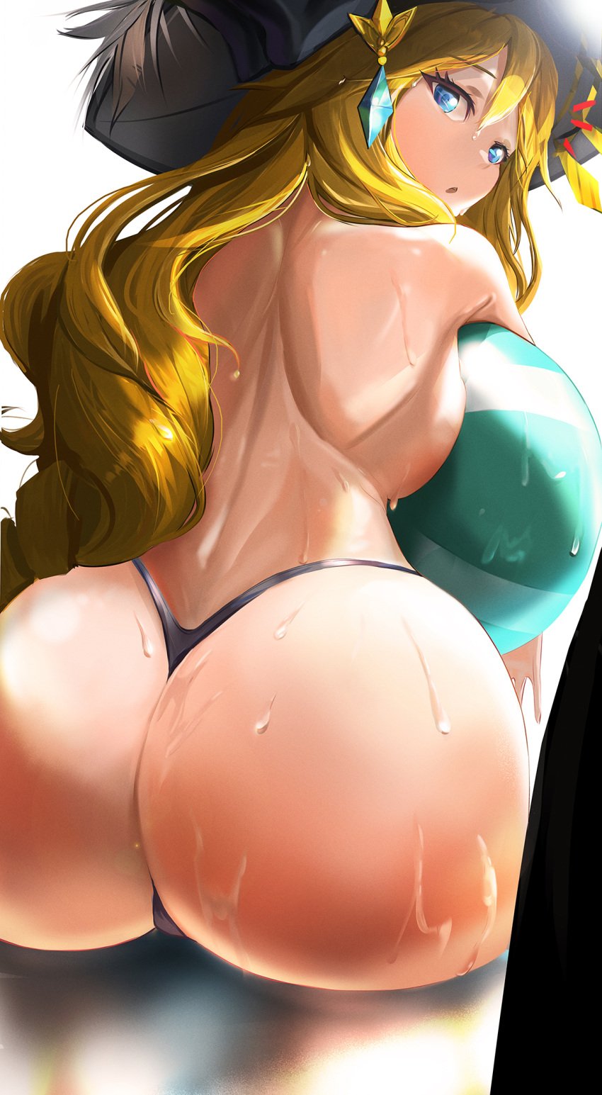 1girls :o artist_request ass back backboob ball beachball bikini bikini_bottom bikini_bottom_only black_bikini black_headwear black_swimsuit blonde_hair blue_eyes breasts clothing female female_only from_behind genshin_impact hair_between_eyes hat headwear highleg highleg_bikini highleg_swimsuit huge_ass large_breasts long_hair looking_at_viewer looking_back navia_(genshin_impact) open_mouth prev/next shoulder_blades sitting swimsuit thighs thong thong_bikini thong_swimsuit topless wet