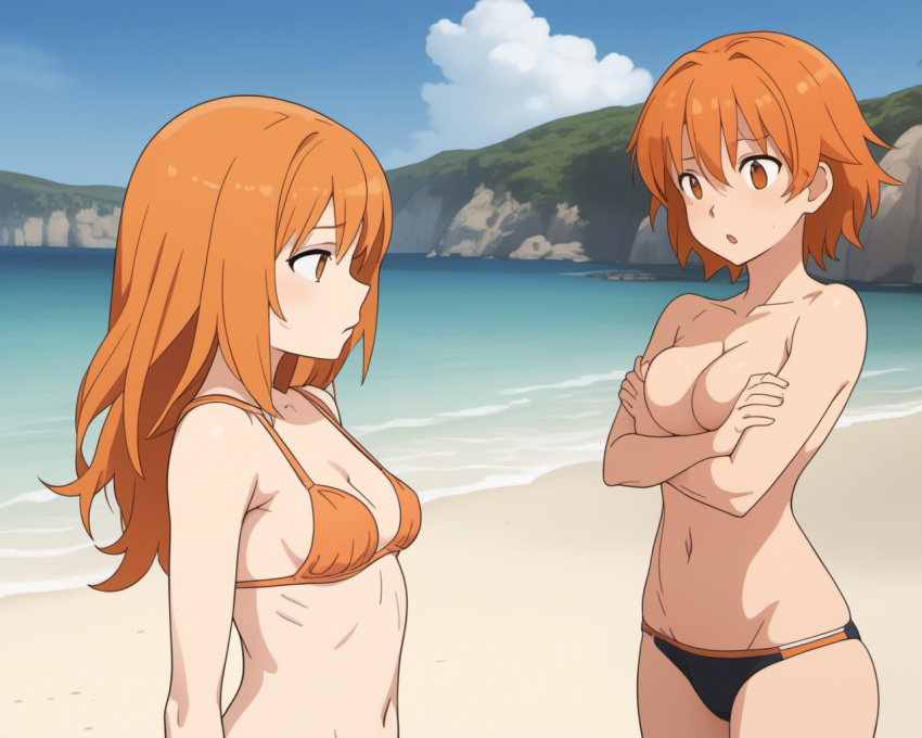 ai_generated beach bikini blush breast_envy female jealous jealous_female looking_at_breasts orange_hair swimsuit teen teen_girl teenage_girl teenager topless topless_female two-piece_swimsuit