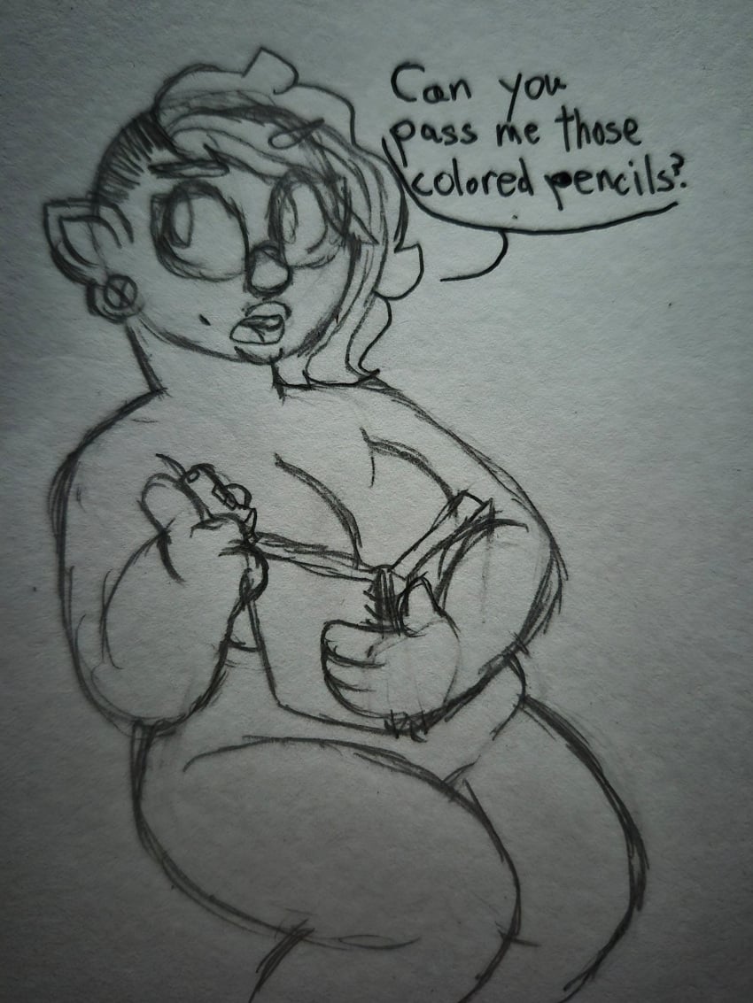 1other black_and_white breasts chubby female goatcypress monochrome nonbinary nude ouch_meme tagme text traditional_media_(artwork)