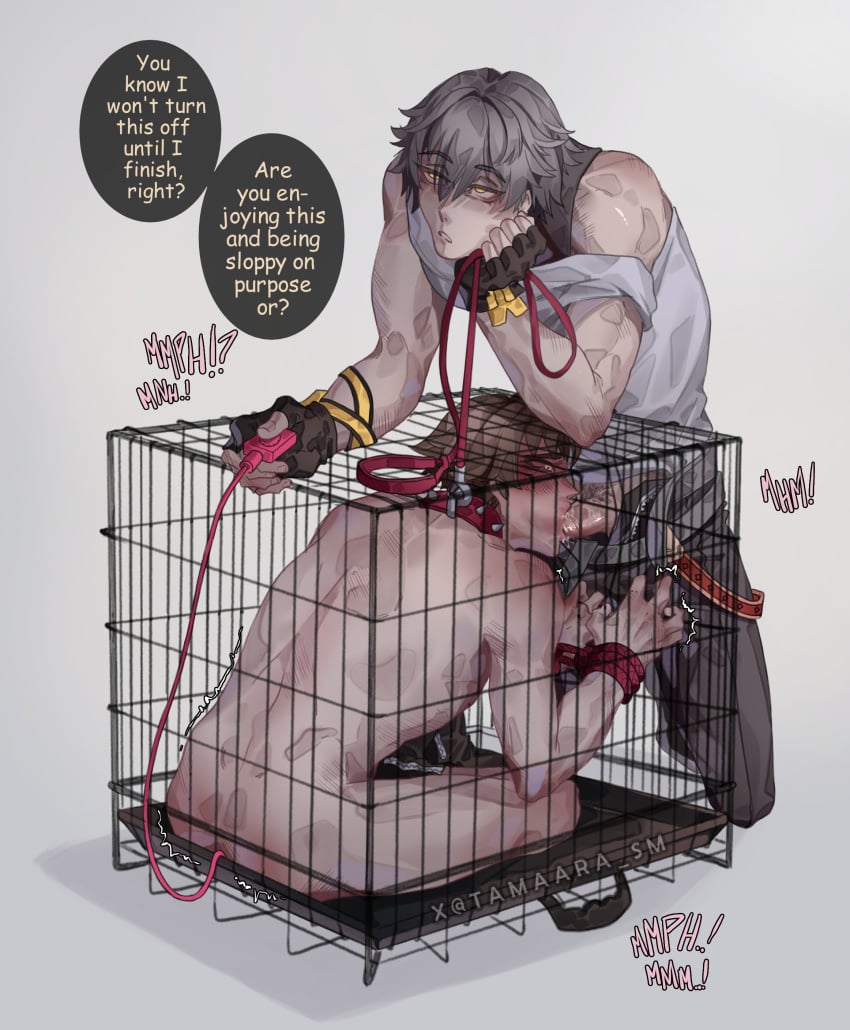 2boys blowjob caelus_(honkai:_star_rail) cage caged collar forced forced_oral gay honkai:_star_rail leash male male/male male_only oral_rape rape raped raped_male skott_(honkai:_star_rail) tamaara tamaara_sm vibrator vibrator_in_ass yaoi