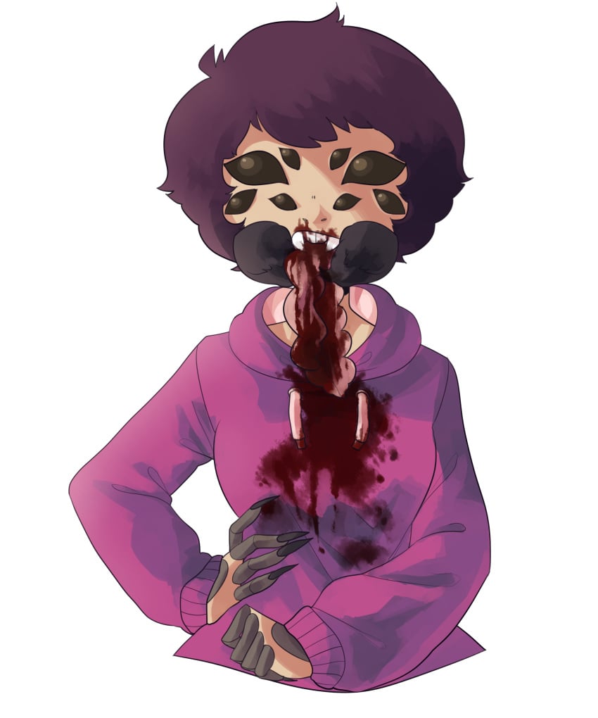 8_eyes absurd_res anthro arachnid arthropod blood bodily_fluids clothed clothing dreamalgia fangs female guts hair hi_res hoodie mandibles multi_eye nails organs sharp_nails short_hair solo spider tan_body teeth topwear