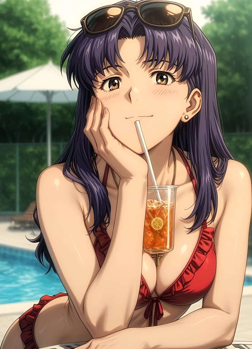 1girls ai_generated bangs bare_shoulders beach beer blush breasts brown_eyes female female_only long_hair looking_at_viewer misato_katsuragi necklace neon_genesis_evangelion parted_bangs pendant purple_hair smile solo sunglasses sunglasses_on_head wholesome