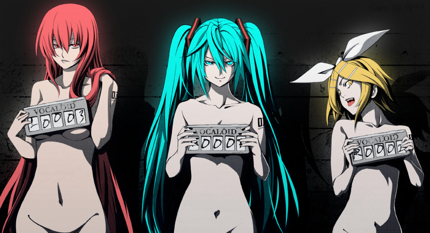 3girls apaz female glowing hatsune_miku long_hair multiple_girls nude short_hair sideboob staring tied_hair twintails vocaloid