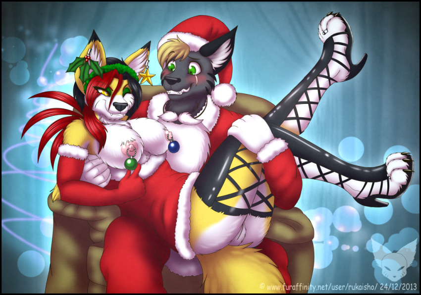 2013 anthro black_hair blonde_hair blush boots breasts canine chair christmas demon fox fur grey_fur hair hat heels high_heel_boots hindpaw holidays holly malice mark_haynes one_eye_closed paws piercing pussy red_hair santa_outfit succubus toes white_fur wink wolf yellow_fur