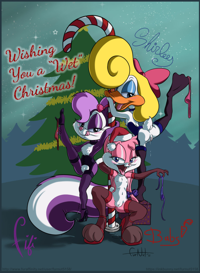 anthro babs_bunny christmas duck female female_only fifi_la_fume fur furnut furry mammal multiple_females purple_fur rabbit shirley_the_loon skunk soft_feathers tiny_toon_adventures uncensored