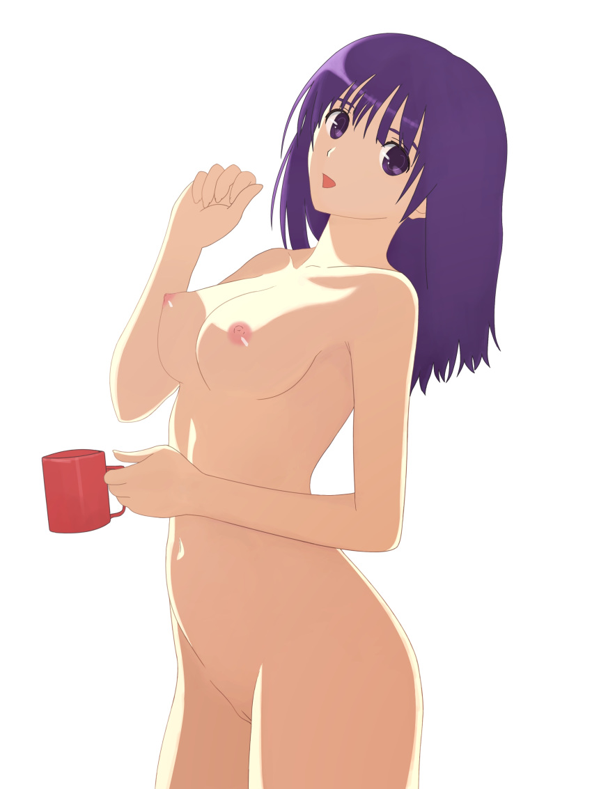 1girls fate/stay_night fate_(series) female female_only hairless_pussy medium_breasts medium_hair mug nude nude_female open_mouth purple_eyes purple_hair sakura_matou solo solo_female tagme white_background