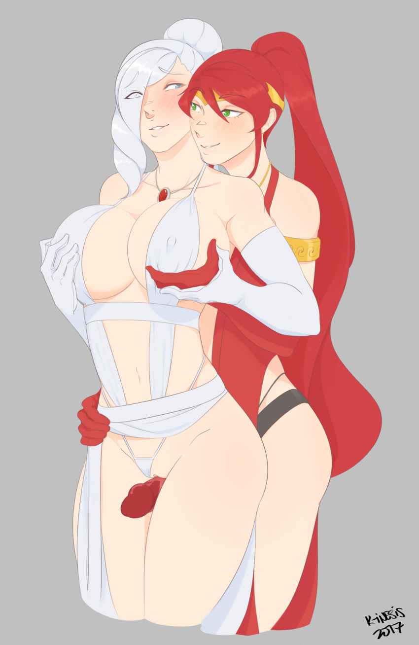 2girls blue_eyes blush blushing breast_grab breast_grab_from_behind breasts circlet erect_nipples green_eyes grope groping groping_breasts groping_from_behind high_ponytail k-inesis large_breasts long_hair multiple_girls nipple_bulge nipple_tweak pokies ponytail pyrrha_nikos red_hair rwby smile strap-on thighs white_hair winter_schnee yuri