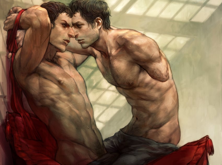 2boys abs altair_ibn_la-ahad amputee assassin's_creed assassin's_creed_(series) biceps gay human human_only male male_only malik_al-sayf multiple_males pants sweat topless trapezius ubisoft yaoi