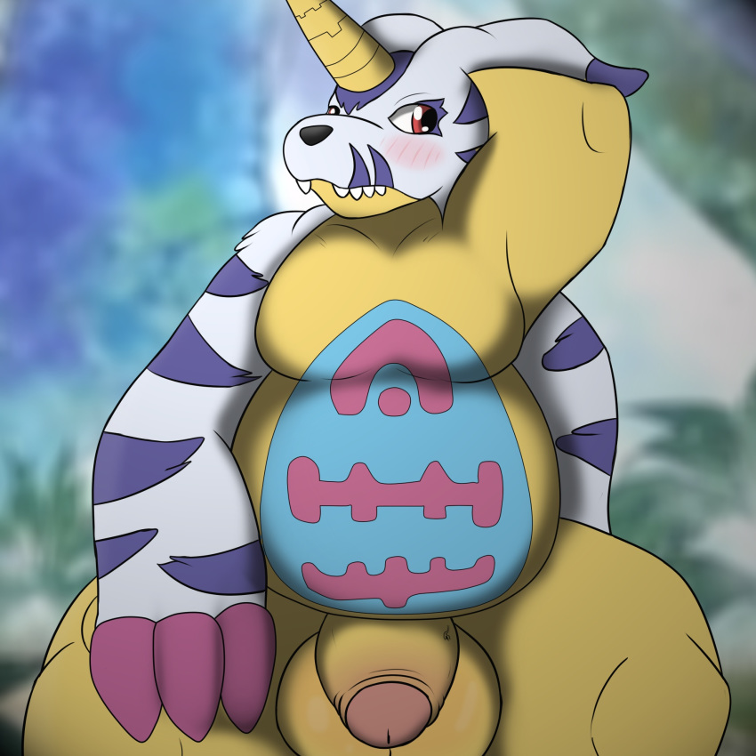 1boy blush chubby digimon foreskin furry gabumon male male_only penis solo testicles thick_thighs veins wellek wide_hips