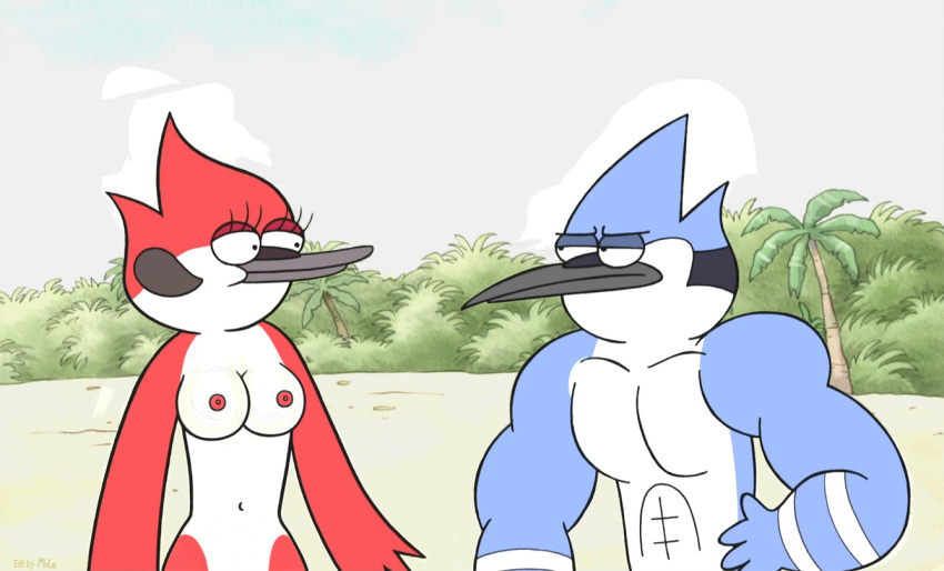 1boy 1girls abs anthro beach biceps bodybuilder cartoon_network female furry male margaret_smith_(regular_show) mole mole_(artist) mordecai muscles nippleless_male nude pecs regular_show straight