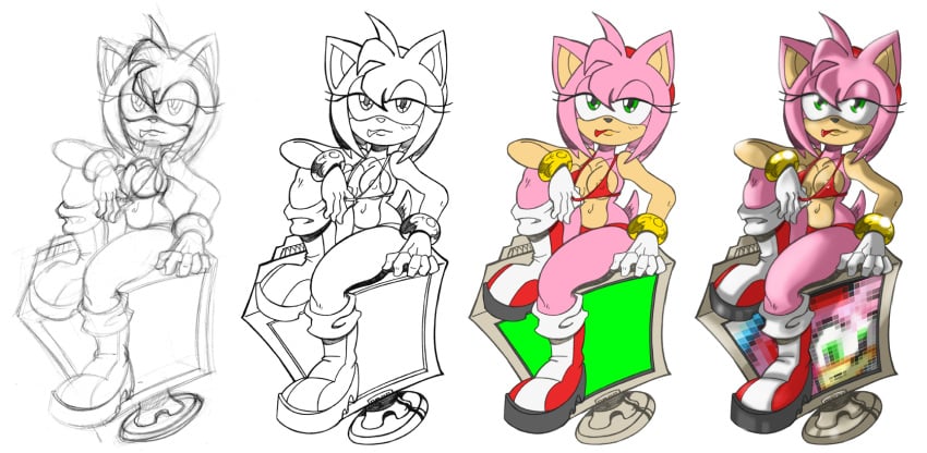 amy_rose anthro bikini boots bracelet breasts clothes color female female_only fur furry furry_only gloves green_eyes hedgehog medium_breasts pink_fur short_hair simple_background sitting solo sonic_(series) the_brave white_background