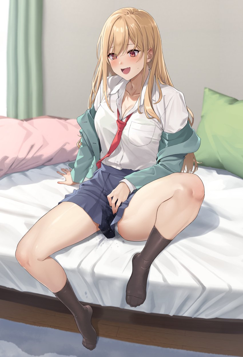 absurdres bed blonde_hair blue_skirt blush breasts cleavage collarbone collared_shirt dress_shirt feet female female_masturbation fingering fingering_self green_jacket grin highres incredibly_absurdres jacket knee_up kneehighs large_breasts legs long_hair long_sleeves masturbation necktie no_shoes off_shoulder on_bed open_clothes open_jacket original pillow prime_(prime_tw) pussy_juice_stain red_eyes shirt sitting skirt smile socks solo spread_legs toes white_shirt