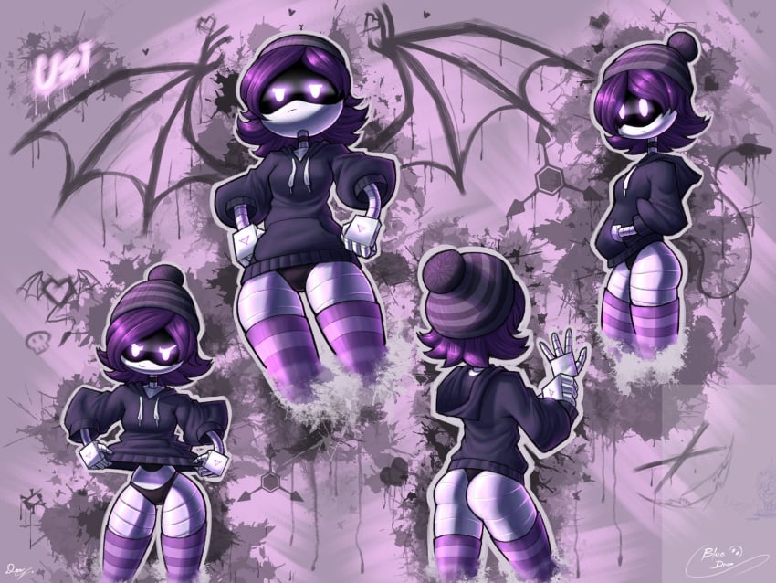 1girls 2d ass black_panties black_underwear blue_dron female female_only hoodie humanoid humanoid_female humanoid_only legwear murder_drones panties pink_legwear pink_stockings purple_hair purple_legwear purple_stockings robot robot_girl robot_humanoid screen_face solo stockings tagme underwear uzi_(murder_drones)