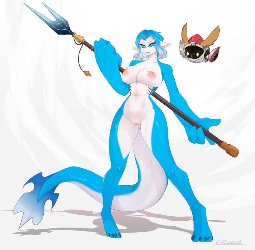 absurd_res accessory alien anthro big_breasts blue_body blue_eyes blue_skin breasts candy dessert drone female fish food genitals gum hair hi_res holding_object holding_weapon looking_at_viewer mammal marine melee_weapon nipples nude open_mouth polearm pussy ranadi shark simple_background smile solo spear tail weapon white_body