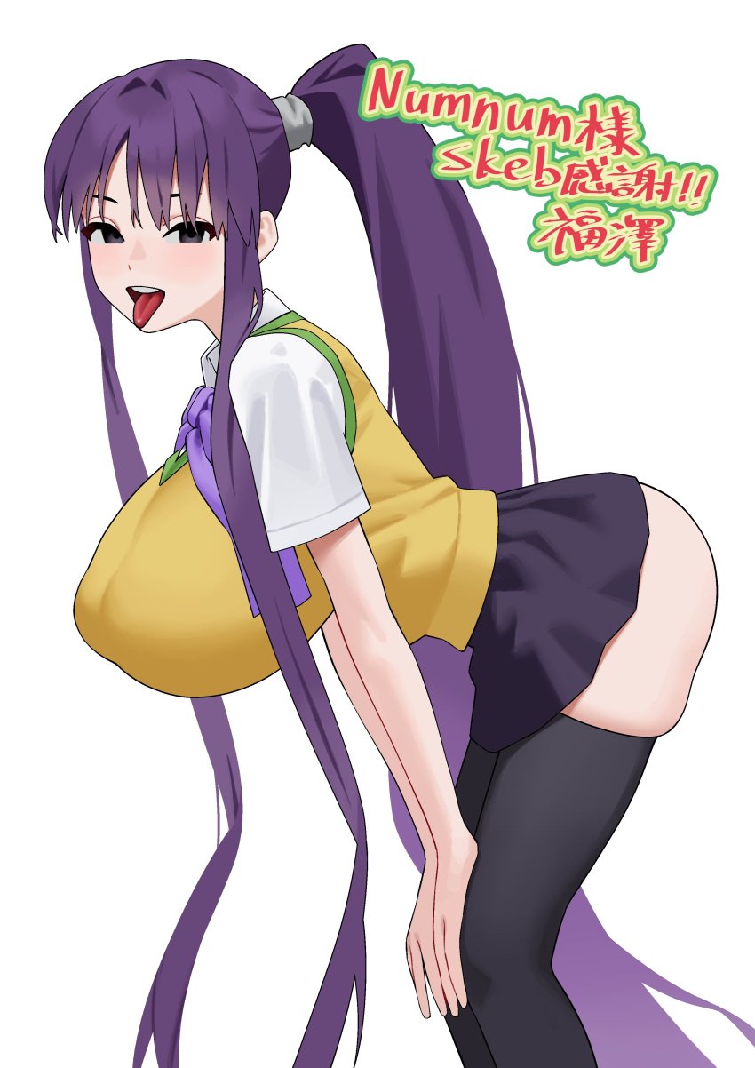 absurdres ass black_eyes black_skirt black_thighhighs breasts collared_shirt commentary_request eiken female fffukuzawa hair_tie hand_on_own_knee highres huge_breasts kirika_misono large_breasts light_blush long_hair looking_at_viewer miniskirt misono_kirika pleated_skirt ponytail purple_hair purple_ribbon ribbon school_uniform shirt short_sleeves skirt teeth thick_thighs thighhighs thighs tongue tongue_out translation_request upper_teeth_only white_background white_shirt