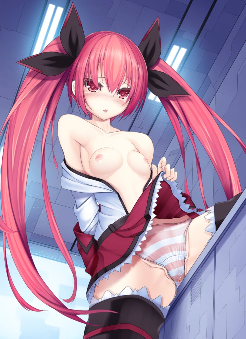 antenna_hair bare_shoulders blush breasts date_a_live dobunezumi female flat_chest highres itsuka_kotori long_hair looking_at_viewer masturbation nipples open_clothes open_mouth open_shirt panties red_eyes red_hair shimapan shirt skirt skirt_lift solo straddling striped striped_panties table_humping thighhighs tied_hair twintails underwear very_long_hair