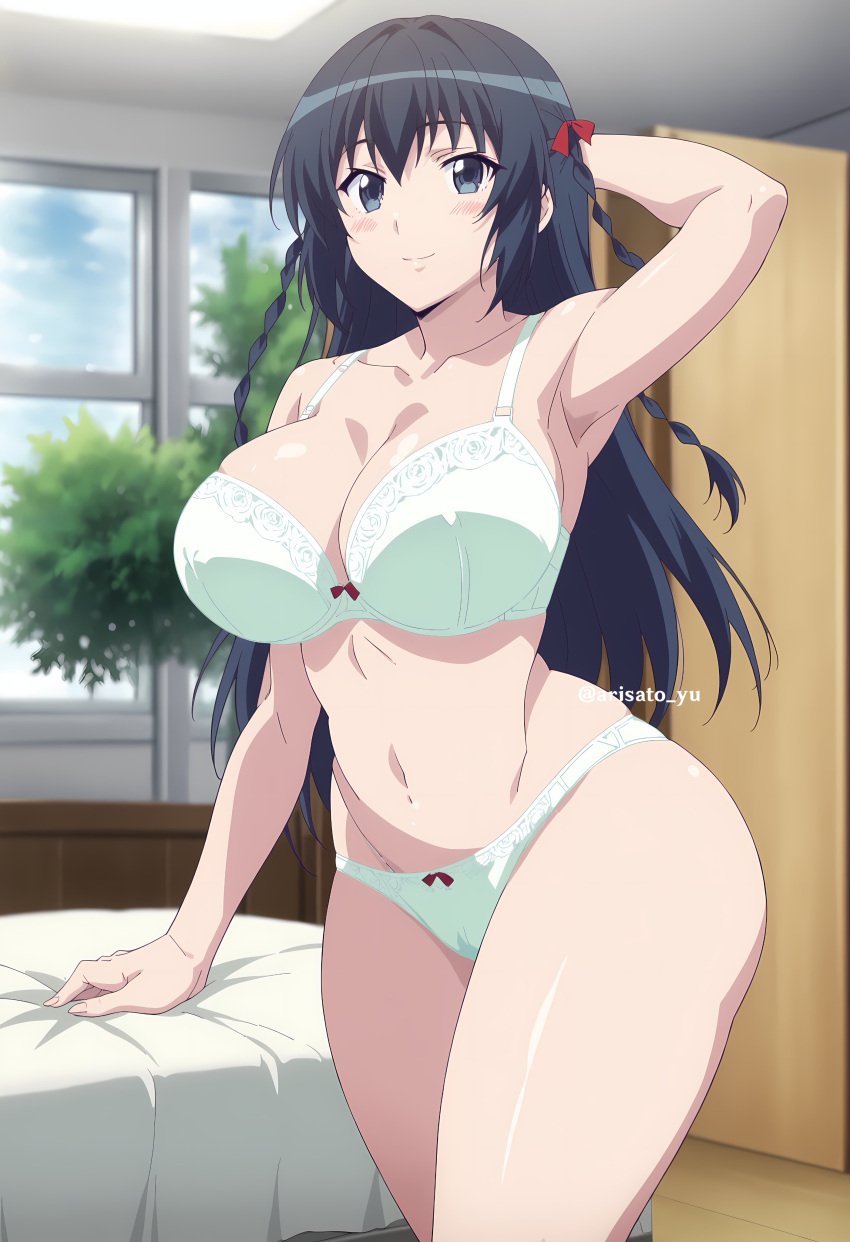 1girls ai_generated arm_behind_head armpits bangs bed black_hair blue_eyes blush bow bow_bra bow_panties bra braid breasts clavicle cleavage closed_mouth clothing fat_ass female female_only green_panties hair_ornament hair_ribbon himekawa_hayuru hips huge_breasts indoors kadokawa legs long_hair looking_at_viewer masou_gakuen_hxh navel pantsu ribbon smile solo standing teen teen_girl teenage teenage_girl teenager thighs twin_braids underwear underwear_only white_bra white_panties white_underwear window