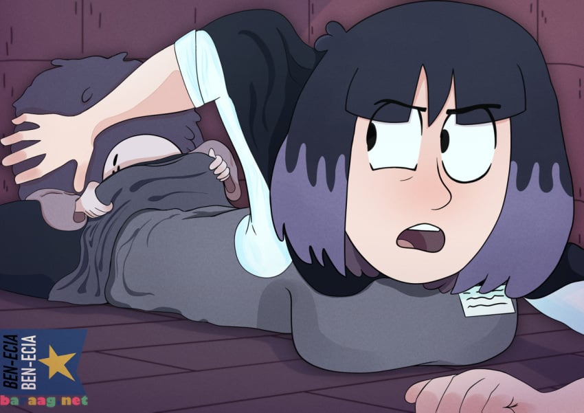 ben-ecia benecia black_hair blush breasts cleavage clothed clothing face_in_ass female female_focus head_in_ass hilda_(series) kaisa_(hilda) librarian name_tag netflix purple_hair questionable_consent tontu_(hilda) two_tone_hair witch zoophilia