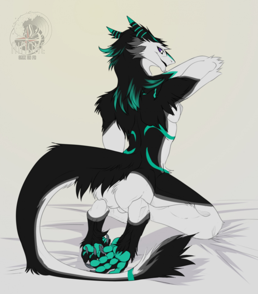 balls barely_visible_balls barely_visible_genitalia claws genitals hi_res kneeling looking_at_viewer looking_back looking_back_at_viewer male omez pawpads sand_(sand0x) sergal solo tail tail_tuft tuft