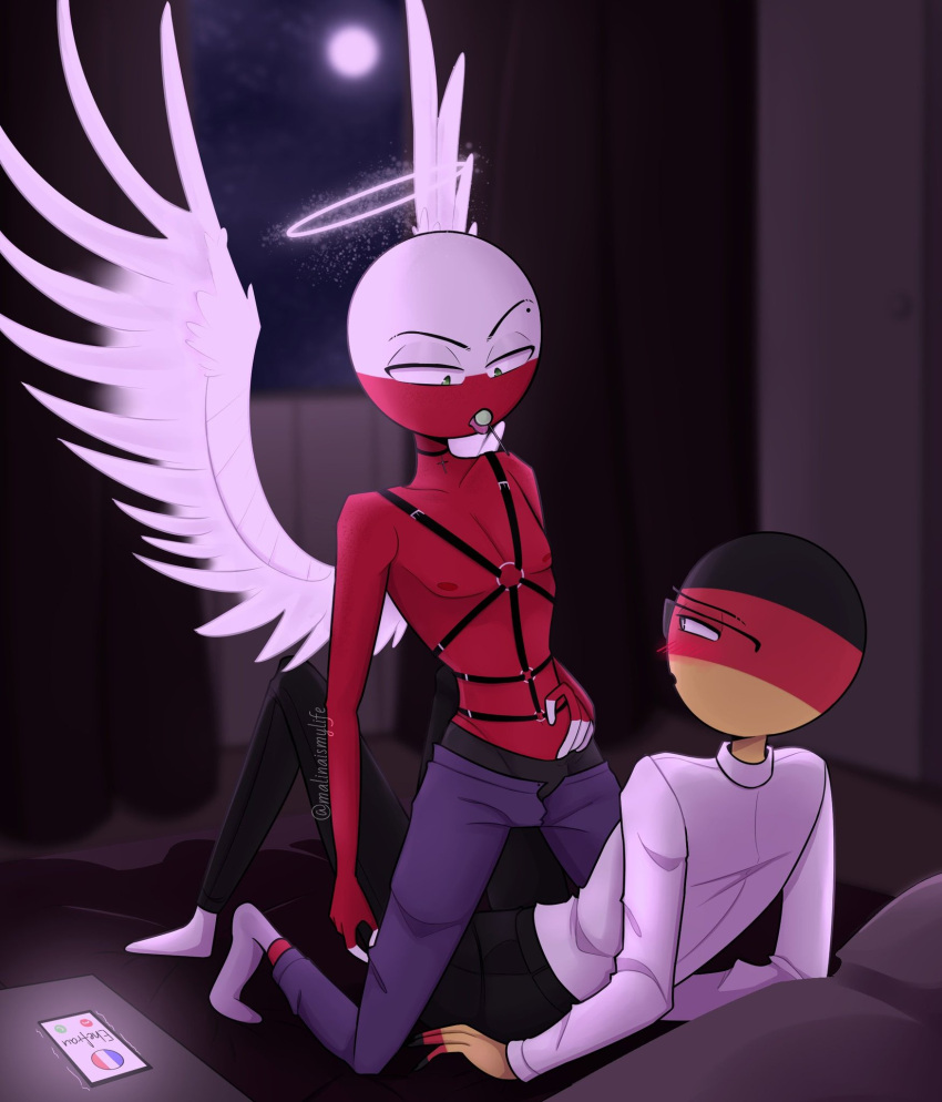 angel bondage_harness countryhumans germany_(countryhumans) glasses halo lollipop malinaismylife poland_(countryhumans) shirtless wings