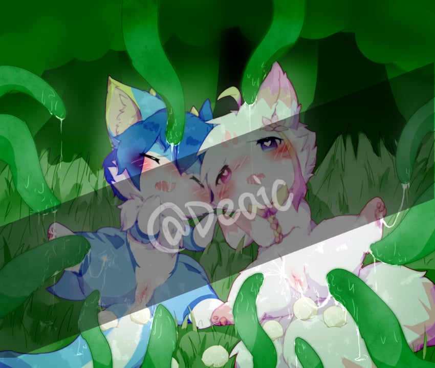 2019 blue_body blue_fur canid canine closed_eyes deaic detailed_background distracting_watermark duo egg egg_laying female fur genitals hi_res kemono mammal open_mouth pink_pussy pussy semi-anthro sex tentacle tentacle_creature tentacle_sex watermark white_body white_fur xiaojiu