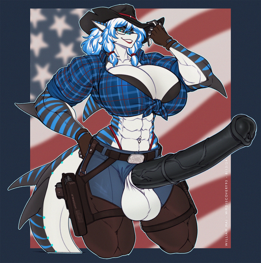 abs american_flag animal_genitalia animal_penis anthro balls belt belt_buckle big_breasts black_penis blue_bottomwear blue_clothing blue_eyes blue_jeans blue_pants bottomwear breasts buckle chaps clothing cowboy_hat denim denim_bottomwear denim_clothing equine_genitalia equine_penis erection eyewear fingerless_gloves fish genitals glasses gloves gun gun_holster gynomorph handgun handwear hat headgear headwear hi_res holster holstered_pistol intersex jeans marine medial_ring muscular muscular_gynomorph muscular_intersex nika_sharkeh pants pattern_clothing pattern_shirt pattern_topwear penis pistol plaid plaid_clothing plaid_shirt plaid_topwear ranged_weapon shark shirt solo stripes thong_straps topwear united_states_of_america weapon wmdiscovery93