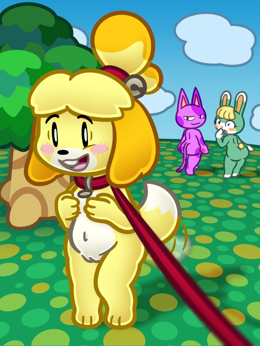 animal_crossing anthro blonde_hair blush bob_(animal_crossing) bondage breasts canid canine canis collar covering covering_breasts domestic_cat domestic_dog embarrassed embarrassed_nude_female felid feline felis female first_person_view fuchsia_fur fur genitals green_body green_fur group hair hi_res isabelle_(animal_crossing) lagomorph leash leashed_collar leporid looking_back magenta_fur male mammal nintendo nude otterslinger petplay plant public public_nudity pussy rabbit roleplay sasha_(animal_crossing) shih_tzu tail tail_motion tailwag toy_dog tree trio yellow_body yellow_fur