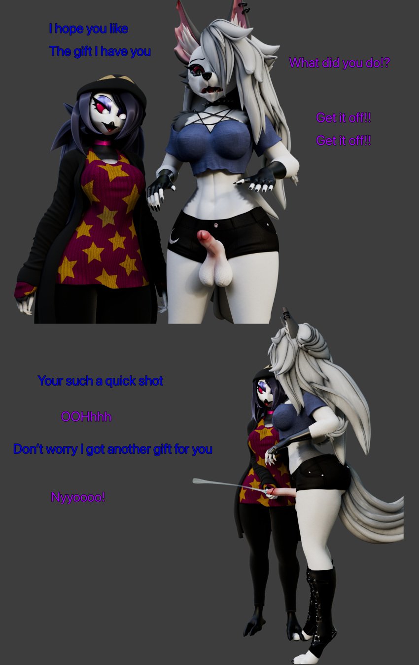 3d anthro avian bird booty_shorts canid canid_demon curvy demon female femdom furry futanari futasub hellhound helluva_boss heperson loona_(helluva_boss) octavia_(helluva_boss) owl owl_demon premature_cumshot premature_ejaculation premature_ejaculation_shaming shorts submissive submissive_futa thick