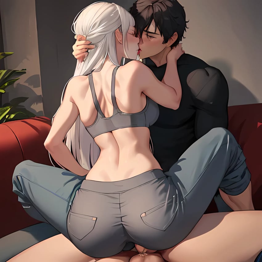 1boy aftereffectsdude ai_generated businesswear closed_eyes clothed clothed_sex cowgirl_position female fully_clothed kissing ripped_clothing ripped_pants white_hair